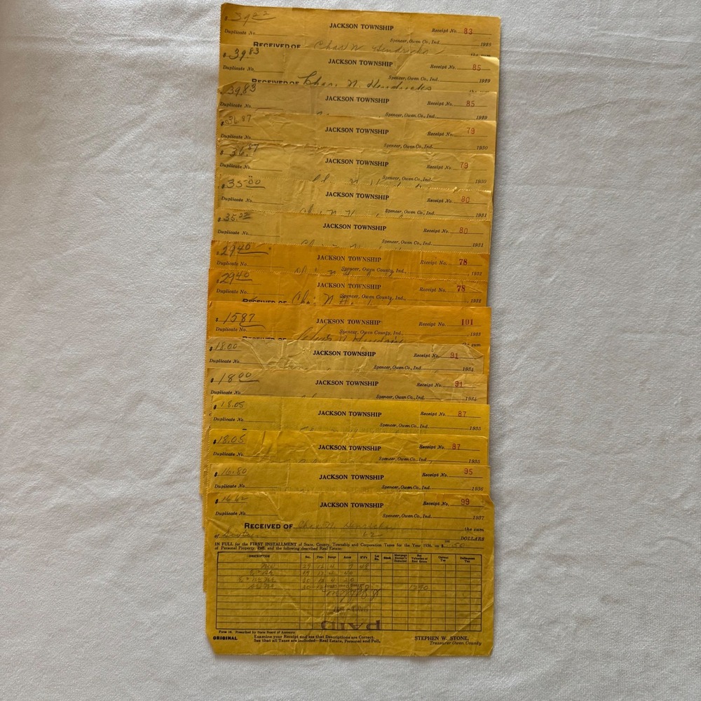 Vintage Jackson Township Indiana Tax Receipts 1928-1937 Owen‎ County Ephemera